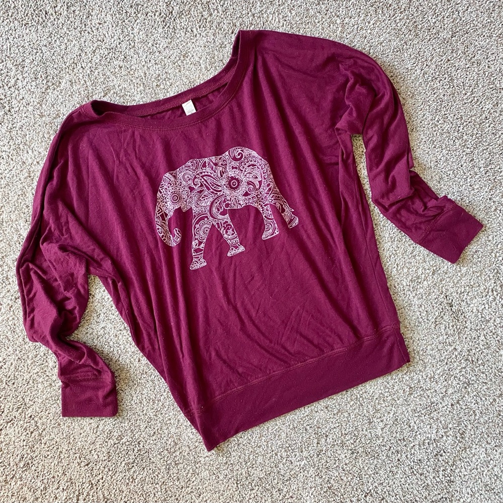 Burgundy Yoga Top Dolman Style Off-the-Shoulder with Elephant Graphic